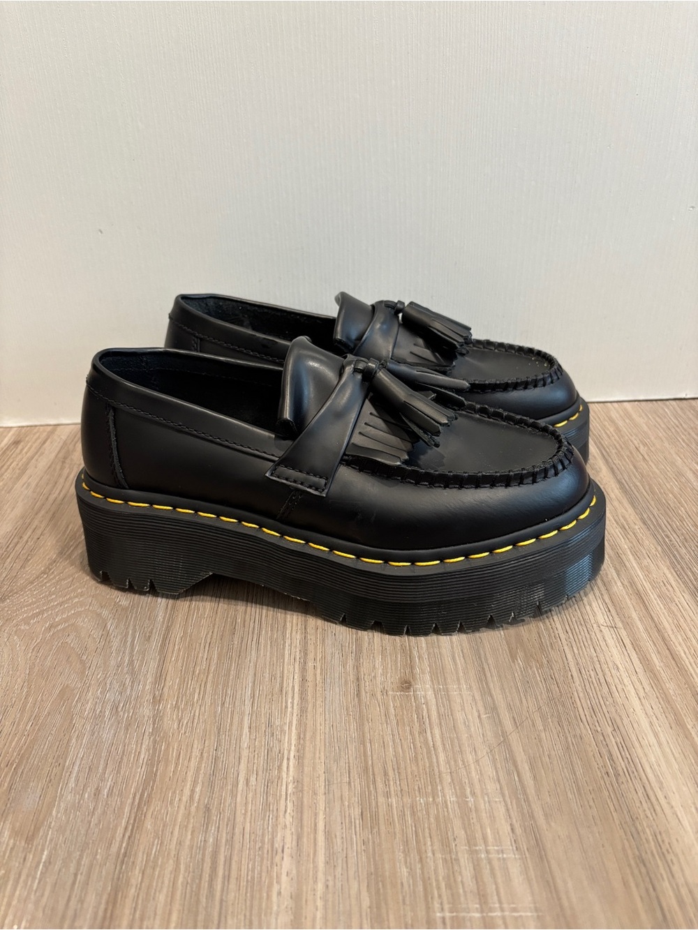 DR. MARTENS Adrian Quad Yellow Stitching & Tassle Platform Loafers Women Size 5